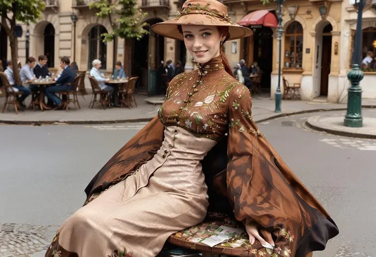a redhead woman in a brownmcq dress, sitting in Parisian sidewalk cafe, wide-brimmed hat, smile, big breasts, small waist, long legs, pumps  <lora:brownmcq_v8:0.65>  bright colors  even contrast,  detailed background,ponytail , pores, realistic skin