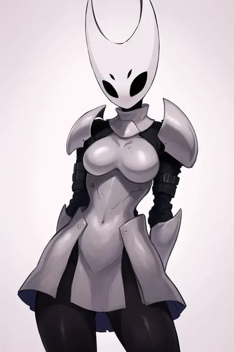 cowboy shot, hornet, 1girl, solo, mask, black skin, black eyes, simple background, <lora:hotnet2-06:0.8>, metal armor, breastplate, shoulder armor, arms behind back, armored dress