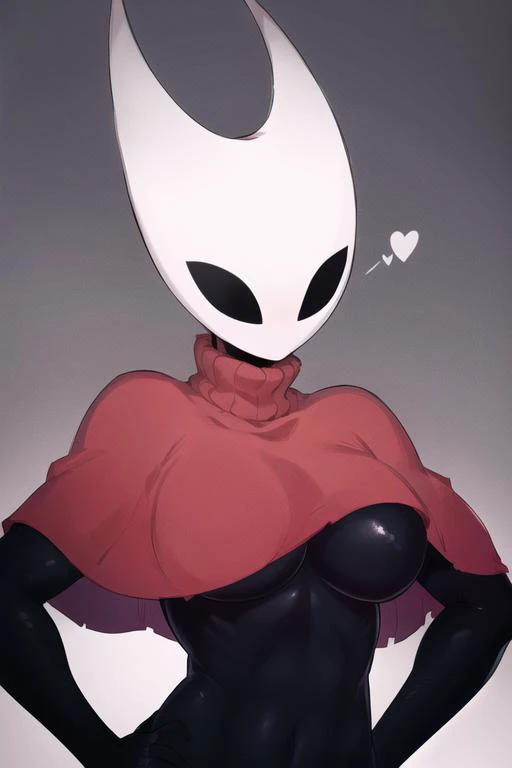 upper body, hornet, 1girl, solo, mask, closed eyes, simple background, <lora:hotnet2-06:0.8>, (black skin:1.2), red capelet, turtleneck, hands on hips