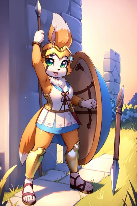 (fidget (elysian tail):1.2), green eyes, (detailed body fur:1.2)), perfect hourglass body, (detailed perfect eyes)
medium breast,
standing, arms up, mouth open, 
wearing linothorax armor and feathered helmet, holding spear, holding shield
([blue | gold]:1.2) tunic, greaves, sandals,
(masterpiece:1.2), (best quality:1.2), (intricate:1.2), (highly detailed:1.2), (sharp:1.2), (8k:1.2), (highres:1.2),
cinematic greece summer lighting, vivid colors,
<lora:fidget6.2:0.7>  <lora:linothorax:0.8>