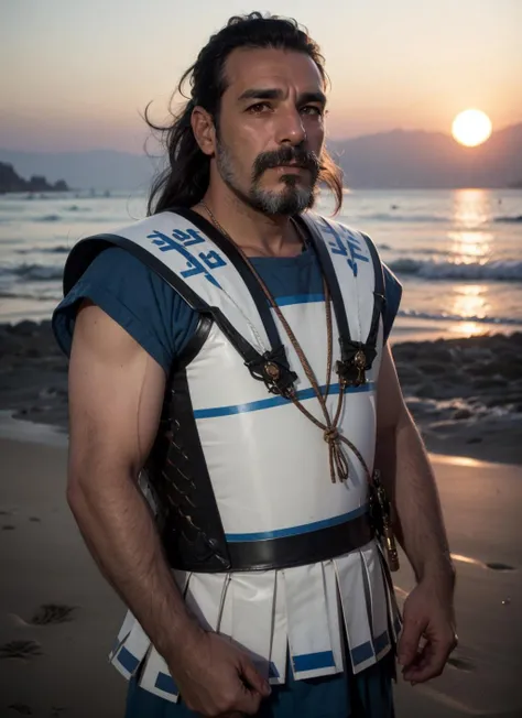 portrait photography of a 40yo greek man with black hair and beard wearing linothorax armor, blue tunic, in a beach at sunset <lora:linothorax_V2-10:0.8>