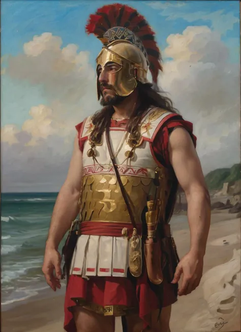 oil painting, rubens styles+Rembrandt+baroque , 1st century , whole body, spartan soldier wearing spartan helmet, slim athletic toned body, white skin with some scars, perfect symmetrical figure, harmonious male anatomy, He is standing on a tropical island next to a river., surrounded by young blonde fitness german tribes