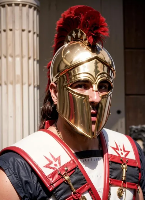 portrait photography of a 40yo greek man wearing linothorax armor and feathered helmet, in a greek ancient temple interior <lora:linothorax_V2-10:0.8>