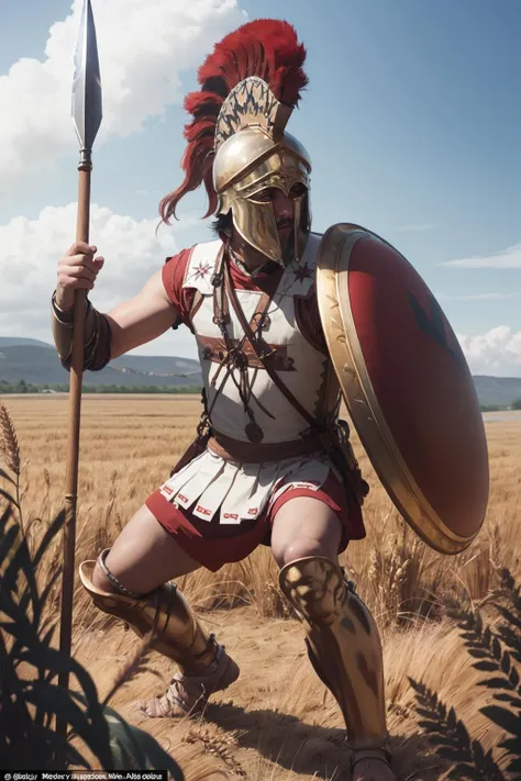 epic illustration of a man wearing linothorax armor and helmet and greaves, red tunic, holding shield, holding spear, in a battle, gritty, traditional media, smoke, wheat field <lora:linothorax_V2-10:0.8> <lora:detail_slider_v4:0.5>