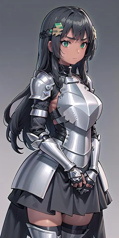 1girl, armor, black_hair, breastplate, closed_mouth, gauntlets, gradient, gradient_background, green_eyes, grey_background, hair_ornament, knight, long_hair, pauldrons, pelvic_curtain, shoulder_armor, simple_background, solo, standing, thighhighs <lora:lona2-10:.6>