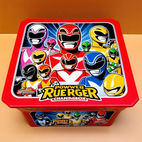 A photorealistic, high-resolution image of a rectangular box with Power Ranger designs printed on it. The box should be placed on a neutral background, perhaps a wooden table or a plain white surface, to emphasize its details. The Power Ranger designs should be vibrant and colorful, capturing the essence of the iconic characters. The box itself could be made of cardboard or plastic, with a glossy or matte finish. The Power Ranger characters should be prominently displayed, possibly in action poses, and the logo should also be visible. The image should capture the box from an angle that shows off the designs clearly,<lora:yakibaba2:0.55>