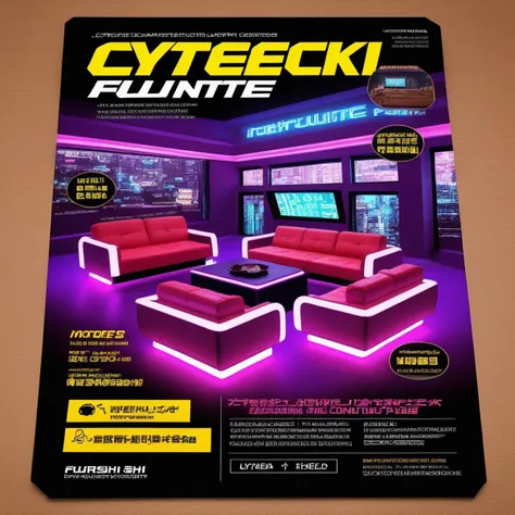 A photorealistic image of a Cyberpunk-themed furniture advertisement flyer, featuring futuristic and high-tech furniture items such as neon-lit sofas, augmented reality coffee tables, and holographic room dividers. The layout should be sleek and modern, incorporating elements of Cyberpunk aesthetics like neon colors, glitch effects, and cybernetic patterns. The flyer should include catchy headlines like 'Furnish the Future' or 'Step into Tomorrow's Comfort Today.' Product descriptions should be visible, highlighting the futuristic features of each furniture item. The background should have a Cyberpunk cityscape, perhaps with towering skyscrapers and flying cars, to set the mood,<lora:yakibaba2:0.55>