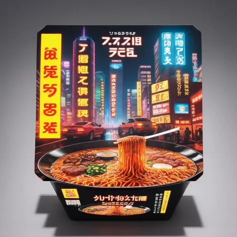 A photorealistic image of an instant noodle box designed in a cyberpunk aesthetic. The box should be set against a neon-lit, futuristic backdrop, perhaps a cityscape with towering skyscrapers and digital billboards. The box itself should feature vibrant neon colors, holographic elements, and intricate circuit patterns. The brand name and flavor should be displayed in a futuristic typeface, possibly with some neon glow effects. Maybe include some augmented reality tags or QR codes on the box that suggest a high-tech way of cooking or enjoying the noodles. The lighting should highlight the box's design elements, casting reflections and shadows that add depth to the scene,<lora:yakibaba2:0.55>,<lora:cbcity2:0.65>