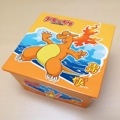 A photorealistic image of a box with a high-quality illustration of an anime printed on the top,full body shot of Charizard, flying in the air, beautiful sea in background, , HD, masterpiece, best quality, hyper detailed, ultra detailed,<lora:yakibaba2:0.5> , <lora:XLCharizardV1:1>