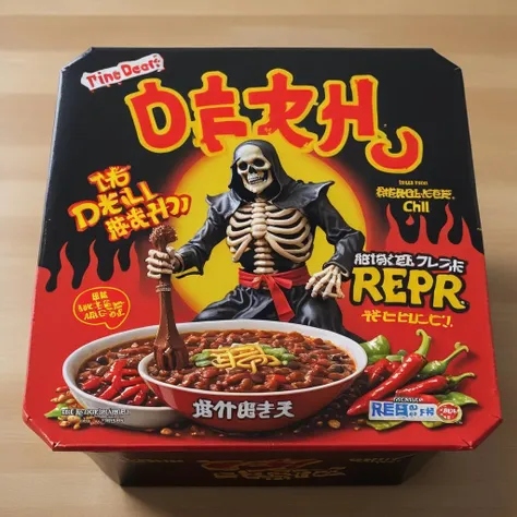 A photorealistic, high-resolution image of a box sitting on a table or countertop. The box should be designed to advertise a product called 'Death Reaper Devil Chili.' The design should be eye-catching and intense, featuring a grim reaper and a devil character holding a chili pepper between them. The grim reaper could be holding a scythe in one hand and extending the other towards the chili pepper. The devil character could have a pitchfork and a mischievous grin. The chili pepper should look extremely spicy, perhaps even on fire or glowing. The box should also include text like 'Hottest Chili Ever,' 'Not for the Faint of Heart,' and 'Handle with Care.' The background should be dark, perhaps black or deep red, to make the characters and text stand out. The image should capture the box in its entirety, showing all the details clearly., <lora:yakibaba2:0.55> , <lora:RPGSkeletonXL:0.7> skeleton