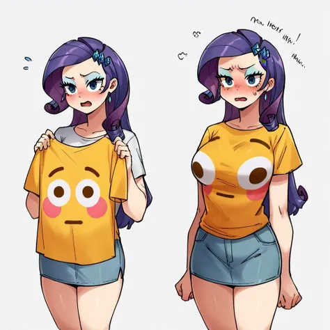 score_9, score_8_up, score_7_up, score_6_up, score_5_up, score_4_up, BREAK, thighs, <lora:flushed_shirt_meme:0.8>, flushed_emoji_shirt, multiple views,  simple background, t-shirt, human, twilight sparkle, bored, small breasts,