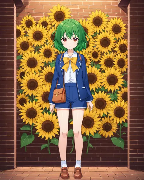 kazami yuuka,1girl, sunflower, solo, shorts, jacket, handbag, shoes, ribbon, bow, brick_wall, shirt, alternate_costume, character_name, socks
<lora:kazami_yuuka_image7582_2023-12-14-000004:1>,star-shaped_pupils,symbol-shaped_pupils,. gorgeous,key visual, vibrant, studio anime,award-winning, professional, highly detailed,high budget, cinemascope