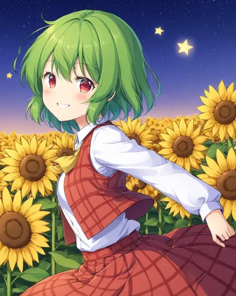 kazami yuuka,1girl, plaid_vest, solo, red_skirt, long_sleeves, white_shirt, plaid_skirt, grin, red_vest, blush, cowboy_shot, skirt_set, from_side, outline, sunflower
<lora:kazami_yuuka_image7582_2023-12-14-000004:1>,star-shaped_pupils,symbol-shaped_pupils,. gorgeous,key visual, vibrant, studio anime,award-winning, professional, highly detailed,high budget, cinemascope