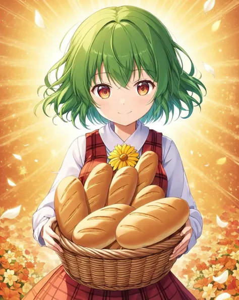 kazami yuuka,1girl, solo, basket, smile, hair_flower, bread, skirt, plaid_vest, petals, head_scarf
<lora:kazami_yuuka_image7582_2023-12-14-000004:1>,star-shaped_pupils,symbol-shaped_pupils,. gorgeous,key visual, vibrant, studio anime,award-winning, professional, highly detailed,high budget, cinemascope