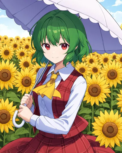 kazami yuuka,1girl, sunflower, solo, plaid_vest, yellow_ascot, long_sleeves, plaid_skirt, white_shirt, looking_at_viewer, holding_umbrella, collared_shirt, red_vest, flower_field, smile, red_skirt, closed_mouth, yellow_flower, parasol, open_vest, skirt_set, standing
<lora:kazami_yuuka_image7582_2023-12-14-000004:1>,star-shaped_pupils,symbol-shaped_pupils,. gorgeous,key visual, vibrant, studio anime,award-winning, professional, highly detailed,high budget, cinemascope