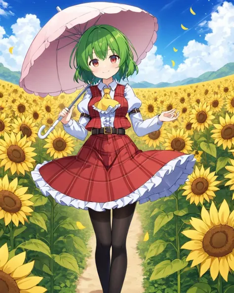 kazami yuuka,1girl, solo, long_sleeves, sunflower, holding_umbrella, smile, yellow_ascot, white_shirt, plaid_skirt, plaid_vest, yellow_flower, closed_mouth, blue_sky, looking_at_viewer, red_vest, cloud, frills, outdoors, black_pantyhose, petals, collared_shirt, parasol, flower_field, red_skirt, day, blush, standing, puffy_sleeves, belt
<lora:kazami_yuuka_image7582_2023-12-14-000004:1>,star-shaped_pupils,symbol-shaped_pupils,. gorgeous,key visual, vibrant, studio anime,award-winning, professional, highly detailed,high budget, cinemascope