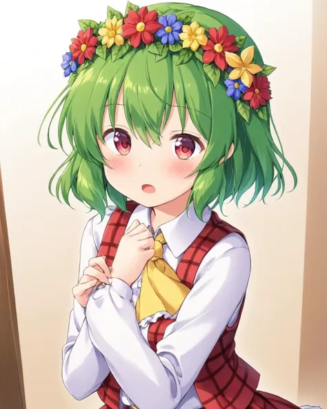 kazami yuuka,1girl, solo, head_wreath, blush, ascot, flower, shirt, plaid_vest, long_sleeves, plaid_skirt, flower_wreath, skirt_set, open_mouth, seiza, embarrassed, hair_ornament, wariza
<lora:kazami_yuuka_image7582_2023-12-14-000004:1>,star-shaped_pupils,symbol-shaped_pupils,. gorgeous,key visual, vibrant, studio anime,award-winning, professional, highly detailed,high budget, cinemascope