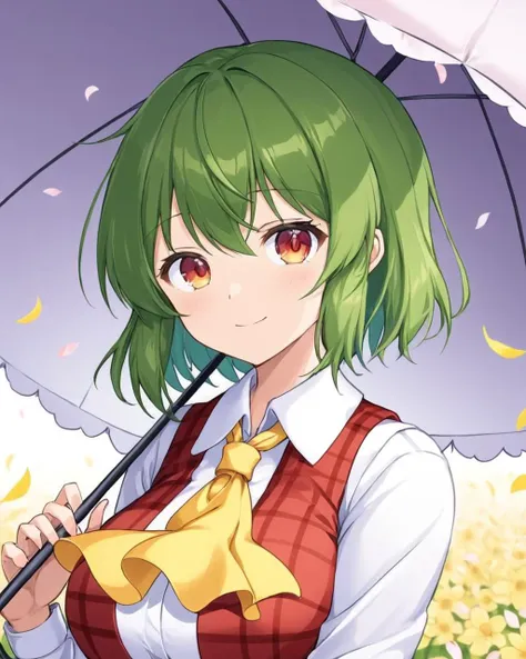 kazami yuuka,1girl, solo, looking_at_viewer, yellow_ascot, smile, upper_body, plaid_vest, red_vest, white_shirt, petals, collared_shirt, holding_umbrella, long_sleeves, parasol, closed_mouth, breasts, wing_collar
<lora:kazami_yuuka_image7582_2023-12-14-000004:1>,star-shaped_pupils,symbol-shaped_pupils,. gorgeous,key visual, vibrant, studio anime,award-winning, professional, highly detailed,high budget, cinemascope