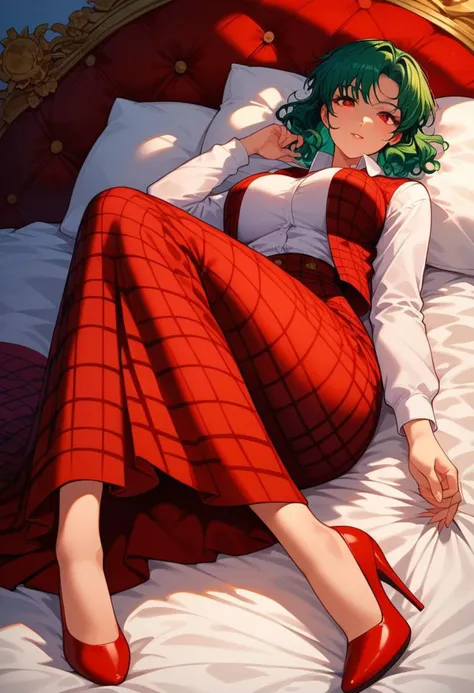 score_9, score_8_up, score_7_up, 1girl, solo,kazami yuuka,green hair,red eyes,short hair,wavy hair,(female with :white shirt,plaid vest,open vest, red vest,long_sleeves, plaid_skirt,red skirt,long skirt, red high heels.looking at viewer,8k detail,focus on eyes. large breasts,large hips, laying on white bed,bed only,,full_body,1girl,solo,high res photo, mature woman,Expressiveh, 4k, intricately detailed, source_anime, high resolution, high details,(masterpiece: 1.5), hyper-detailed