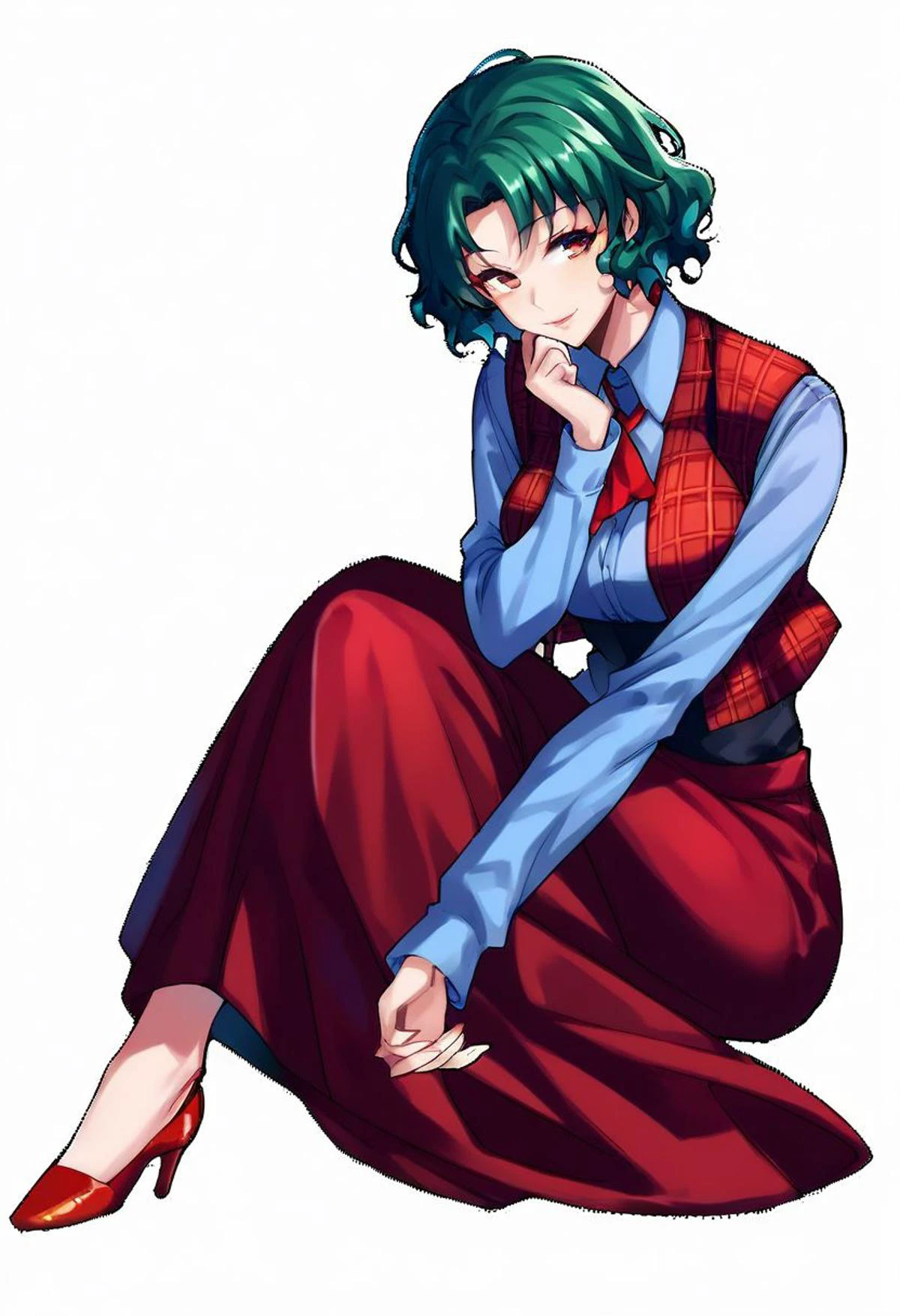 score_9, score_8_up, score_8, score_7_up, score_7, score_6_up, score_6, score_5_up, Score_5, rating_questionable, 1girl,solo,kazami yuuka ,green hair,dot eyes,short hair,wavy hair,(female with :plaid vest,open vest, red vest,long_sleeves, plaid_skirt,red skirt,long skirt, red high heels ,beautiful face , full body,intricate details, ,sexy pose,white background,transparent background,<lora:asa_yohoki_PonyXL:0.9>
