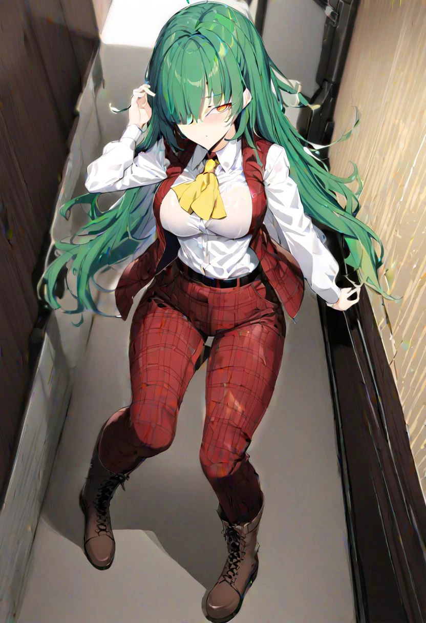 masterpiece, best quality, ultra-detailed, beautiful, nai3, 1girl, solo, full_body, tachi-e,
kazami_yuuka_\(pc-98\), long hair, green hair, red eyes, yellow eyes, hair covering one eye, sultry look,
yellow ascot, open vest, red plaid vest and red plaid pants set, white shirt with long sleeves, pants tucked in, brown lace-up boots,