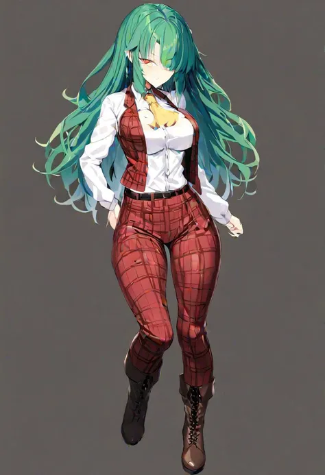 masterpiece, best quality, ultra-detailed, beautiful, nai3, 1girl, solo, full_body, tachi-e,
kazami_yuuka_\(pc-98\), long hair, green hair, red eyes, yellow eyes, hair covering one eye, sultry look,
yellow ascot, open vest, red plaid vest and red plaid pants set, white shirt with long sleeves, pants tucked in, brown lace-up boots,