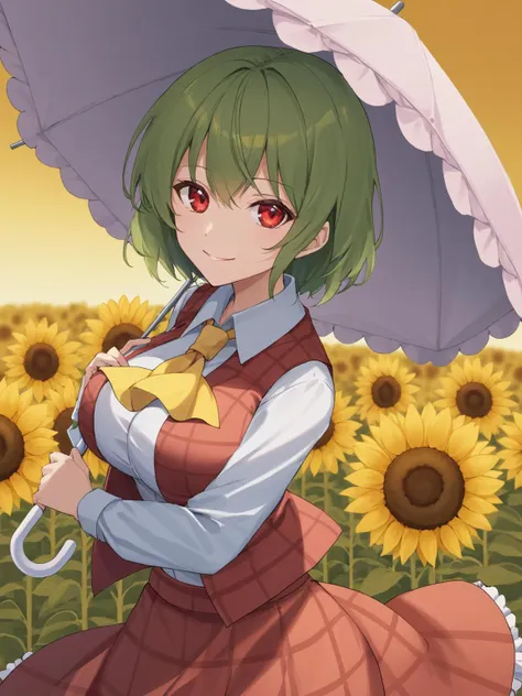 kazami yuuka,1girl, sunflower, solo, plaid_vest, yellow_ascot, long_sleeves, plaid_skirt, white_shirt, looking_at_viewer, holding_umbrella, collared_shirt, red_vest, flower_field, smile, red_skirt, closed_mouth, yellow_flower, parasol, open_vest, skirt_set, mature female, large_breasts, standing, <lora:kazami_yuuka_image7582_2023-12-14:1>, star-shaped_pupils,symbol-shaped_pupils,. gorgeous,key visual, vibrant, studio anime,award-winning, professional, masterpiece, best quality, highly detailed, high budget, cinemascope, <lora:add-detail-xl:0.25>