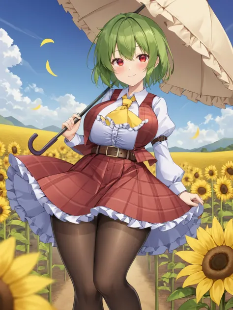 kazami yuuka,1girl, solo, long_sleeves, sunflower, holding_umbrella, smile, yellow_ascot, white_shirt, plaid_skirt, plaid_vest, yellow_flower, closed_mouth, blue_sky, looking_at_viewer, red_vest, cloud, frills, outdoors, black_pantyhose, petals, collared_shirt, parasol, flower_field, red_skirt, day, blush, standing, puffy_sleeves, belt <lora:kazami_yuuka_image7582_2023-12-14-000004:1>,star-shaped_pupils,symbol-shaped_pupils, large_breasts, mature female, masterpiece, best quality, gorgeous,key visual, vibrant, studio anime,award-winning, professional, highly detailed,high budget, cinemascope, <lora:add-detail-xl:0.25>