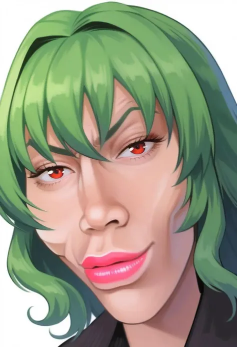 1girl, kazami yuuka ,green hair,red eyes,short hair,wavy hair, solo, portrait, lips, white background, meme attire, aesthetic, detailed, beautiful color, amazing quality, looking at viewer