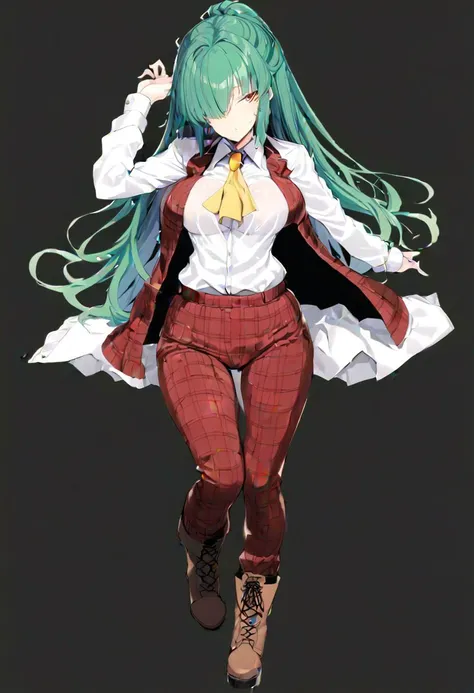 masterpiece, best quality, ultra-detailed, beautiful, nai3, 1girl, solo, full_body, tachi-e,
kazami_yuuka_\(pc-98\), long hair, green hair, red eyes, yellow eyes, hair covering one eye, sultry look,
yellow ascot, open vest, red plaid vest and red plaid pants set, white shirt with long sleeves, pants tucked in, brown lace-up boots,