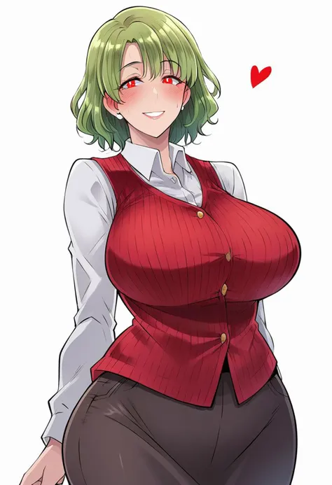 score_9,score_8_up,score_7_up,huge chest,size difference,white background,1girl,,huge girl,,Yuuka Kazami,solo,short hair,green hair,red eyes,curly hair,office shirt,red vest,happy,1girl, solo, 2d, mature female, full-face blush,
curvy, looking at viewer, large breasts, standing, <lora:Butcha-U_Assorted_Doujin_Artstyle_Blend_PonyXL:1>