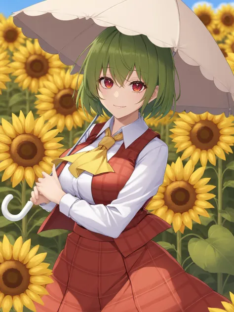 kazami yuuka,1girl, sunflower, solo, plaid_vest, yellow_ascot, long_sleeves, plaid_skirt, white_shirt, looking_at_viewer, holding_umbrella, collared_shirt, red_vest, flower_field, smile, red_skirt, closed_mouth, yellow_flower, parasol, open_vest, skirt_set, mature female, large_breasts, standing, <lora:kazami_yuuka_image7582_2023-12-14:1>, star-shaped_pupils,symbol-shaped_pupils,. gorgeous,key visual, vibrant, studio anime,award-winning, professional, masterpiece, best quality, highly detailed, high budget, cinemascope, <lora:add-detail-xl:0.75>