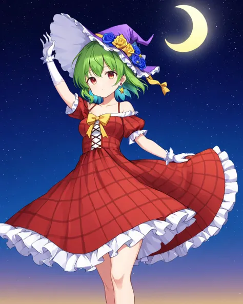 kazami yuuka,1girl, solo, red_dress, plaid_dress, adapted_costume, earrings, crescent_moon, blue_flower, night_sky, white_gloves, yellow_bow, rose, petticoat, purple_flower, ribbon, holding, witch_hat, star_\(sky\), alternate_costume, gradient, wrist_cuffs, off-shoulder_dress, frilled_dress, closed_mouth, standing, short_sleeves, gradient_background, hand_up, breasts
<lora:kazami_yuuka_image7582_2023-12-14-000004:1>,star-shaped_pupils,symbol-shaped_pupils,. gorgeous,key visual, vibrant, studio anime,award-winning, professional, highly detailed,high budget, cinemascope