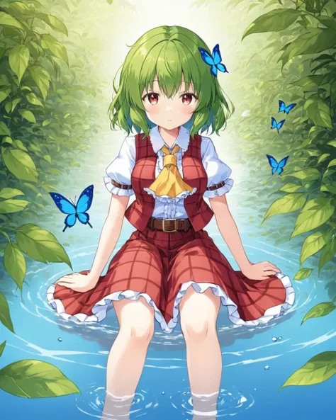 kazami yuuka,1girl, solo, red_vest, plaid_skirt, blue_butterfly, looking_at_viewer, soaking_feet, red_skirt, plaid_vest, red_flower, sitting, white_shirt, white_flower, puffy_short_sleeves, water, frills, parted_lips, open_vest, leaf, brown_belt
<lora:kazami_yuuka_image7582_2023-12-14-000004:1>,star-shaped_pupils,symbol-shaped_pupils,. gorgeous,key visual, vibrant, studio anime,award-winning, professional, highly detailed,high budget, cinemascope