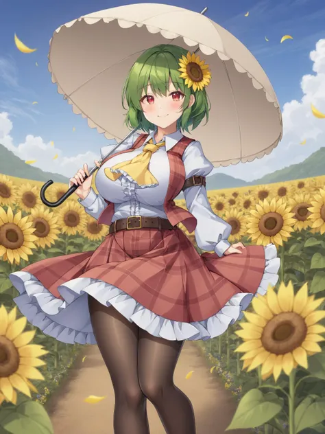 kazami yuuka,1girl, solo, long_sleeves, sunflower, holding_umbrella, smile, yellow_ascot, white_shirt, plaid_skirt, plaid_vest, yellow_flower, closed_mouth, blue_sky, looking_at_viewer, red_vest, cloud, frills, outdoors, black_pantyhose, petals, collared_shirt, parasol, flower_field, red_skirt, day, blush, standing, puffy_sleeves, belt <lora:kazami_yuuka_image7582_2023-12-14-000004:1>,star-shaped_pupils,symbol-shaped_pupils, large_breasts, mature female, masterpiece, best quality, gorgeous,key visual, vibrant, studio anime,award-winning, professional, highly detailed,high budget, cinemascope, <lora:add-detail-xl:0.25>