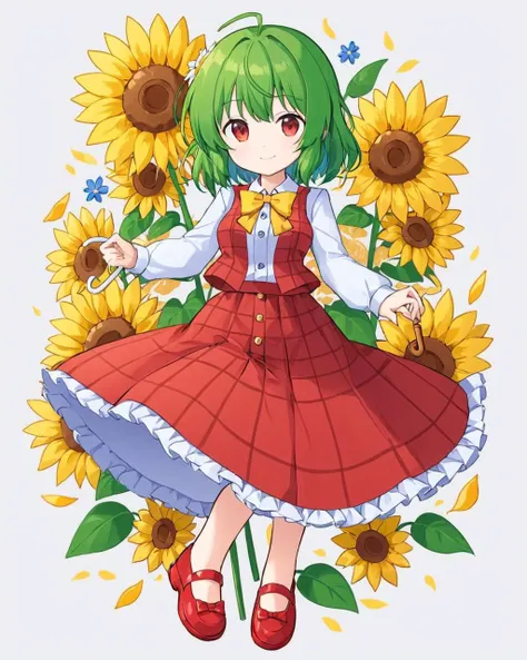 kazami yuuka,1girl, solo, red_skirt, sunflower, full_body, long_sleeves, red_footwear, white_shirt, plaid_skirt, white_background, red_vest, simple_background, yellow_bowtie, yellow_flower, plaid_vest, buttons, red_flower, petals, closed_mouth, petticoat, ribbon, mary_janes, collared_shirt, smile, center_frills, white_flower, adapted_costume, holding_umbrella
<lora:kazami_yuuka_image7582_2023-12-14-000004:1>,star-shaped_pupils,symbol-shaped_pupils,. gorgeous,key visual, vibrant, studio anime,award-winning, professional, highly detailed,high budget, cinemascope