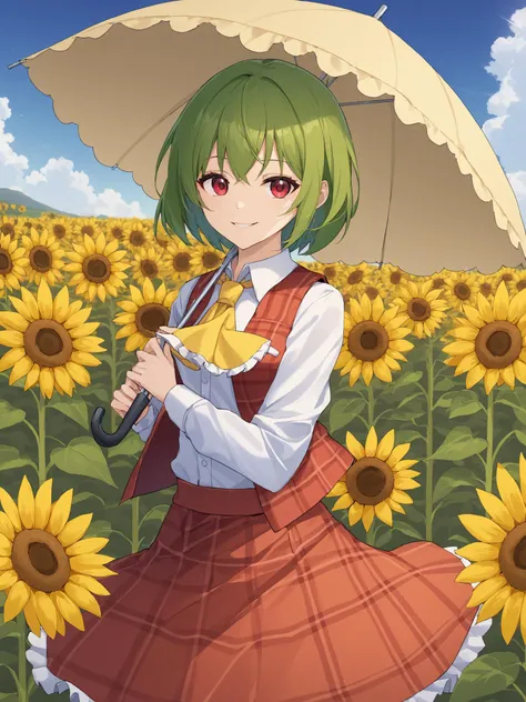 kazami yuuka,1girl, sunflower, solo, plaid_vest, yellow_ascot, long_sleeves, plaid_skirt, white_shirt, looking_at_viewer, holding_umbrella, collared_shirt, red_vest, flower_field, smile, red_skirt, closed_mouth, yellow_flower, parasol, open_vest, skirt_set, standing <lora:YuukaXL:1>,star-shaped_pupils,symbol-shaped_pupils,. gorgeous,key visual, vibrant, studio anime,award-winning, professional, highly detailed,high budget, cinemascope