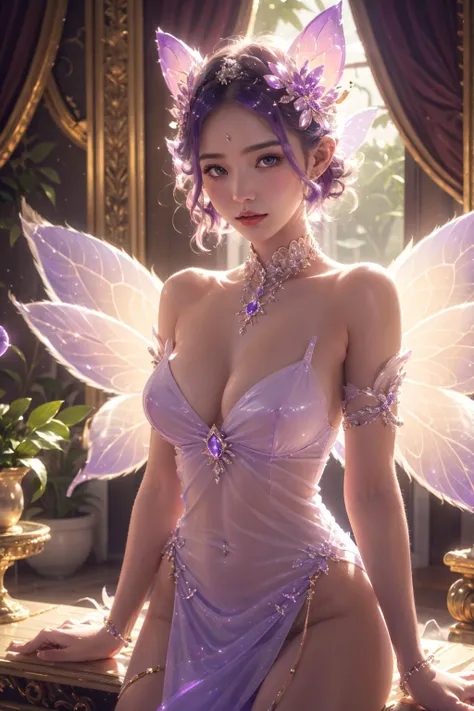 Korean butterfly woman with purple hair wearing golden headphones and a short, sexy, gold Egyptian Goddess outfit. Perfect, very short, showing her buttocks.