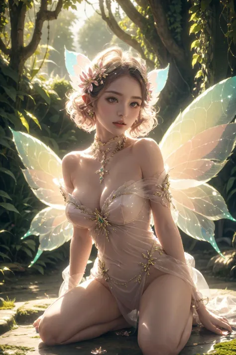 (((girl))，Big Breasts，(Cleavage)，((Completely naked:1.5))，Iridescent colors，(Flower Fairy)，(Rich colors)，spring，Arthur effect, Transparent body, Gradient translucent glass melt, Caustics, Clear glass texture, Iridescent colors, design：Dietrams, Simple, Shining in every detail, White background, 工業design, Studio Lighting, c4d, OC Renderer, Beautiful shadows, 4K