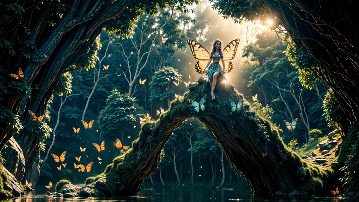 (((18 years old))), (fairy), (elf), (fly, floating, telekinesis:1.2), mid air, ((photo)), (close-up:1.6) (cinematic) (face:1.6) portrait (Fujifilm XT3 Viltrox), (octane render, unreal engine), (floating castle in the sky:1.4), ((ultrarealistic)), happy smile, ((ultradetailed)), air, breeze, strong wind, symmetrical (butterfly_wings) (fairy wings), (sharp focus), hdr, elven fairyland, big rock, transparent (water ripples) reflections, cascade river (pond), forest jungle,  stunning nature environment (landscape), butterfly, (butterflies:1.2), bright sunny (sky), (high contrast), cinematic lights, shadows, ((skirt)),  vibrant colors, colorful ,[flowers] and leaves, (pretty), (beautiful), loving, in love, adorable  <lora:Detail Tweaker LoRA add_detail:0.8><lora:depth_of_field_slider_v1:5>  <lora:SDXLrender_v2.0:0.9> <lora:EnvyFairy01-weird-anylora-45:0.3> <lora:EnvyFairy01-queen-anylora-45:0.3> <lora:Elf:0.28> <lora:Flower_fairy:0.2>  <lora:Fly:0.8>