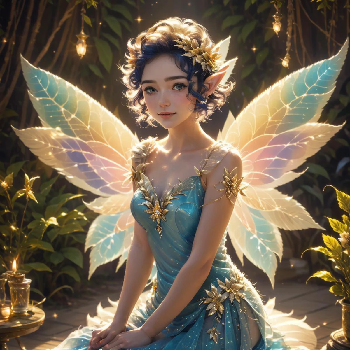 very small fairy, petite figure, 22 years old, (((sitting down))), sleepy, slouching, legs, soft smile, pointing at viewer, happy, playful, thin figure, mid length dress, blue dress, pixie hair cut, fairy wings, detailed face, round face, pretty eyes, brunette hair, freckles, ferns, flowers, masterpiece, best quality, 1girl, gold glow, sparkles, glow, fire light, cinematic lighting, <lora:add-detail-xl:3> <lora:Flower_fairy:0.7>