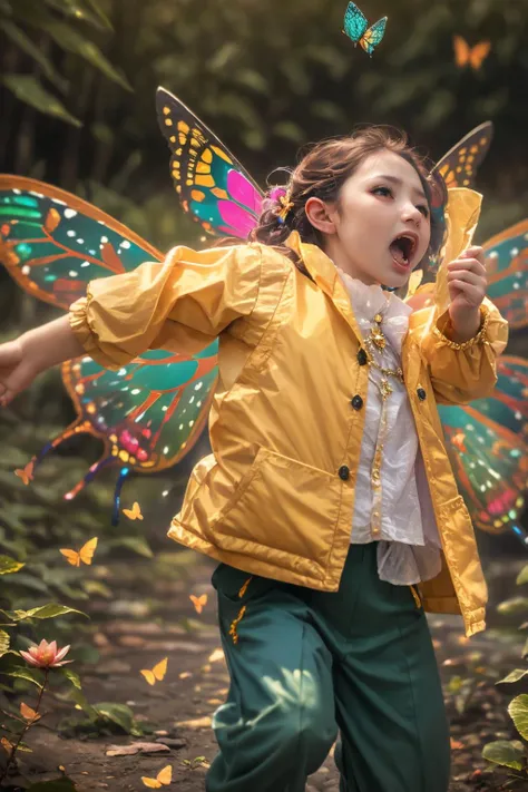 (masterpiece,best quality:1.5), ultra realistic,32k,RAW photo,(high detailed skin:1.2), soft light, vibrant color, 1 girl, (screaming:1.2), (running:1.2), (fairy wings, butterfly wings:1.2), <lora:Flower_fairy:0.5>