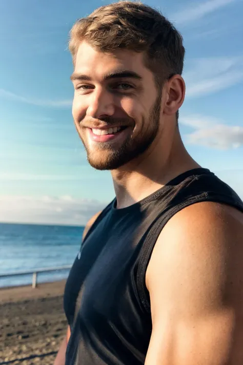 handsome guy, realistic, (natural lighting:studio lighting:0.5), sophisticated elegant mood, stained, highly detailed, found footage, masculine broad shoulders, facial hair, chill, feel good, (best quality:1.5), portrait, wear black tank top, face focus, <lora:mischa_janiec:1>, mischa_janiec, outdoors, blue sky, beach, hint smile, baseball_cap, (masterpiece,best quality:1.5)