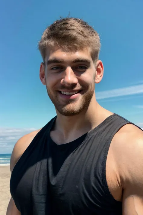 handsome guy, realistic, (natural lighting:studio lighting:0.5), sophisticated elegant mood, stained, highly detailed, found footage, masculine broad shoulders, facial hair, chill, feel good, (best quality:1.5), wear black tank top, face focus, <lora:mischa_janiec:1>, mischa_janiec, outdoors, blue sky, beach, hint smile, strew hat, upper body,, (masterpiece,best quality:1.5)