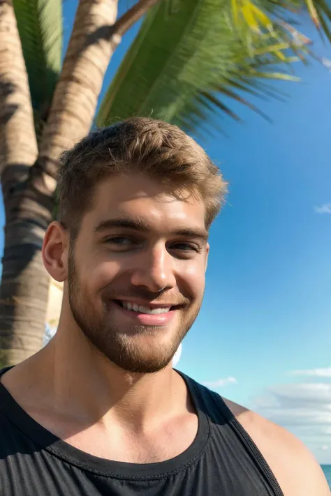 handsome guy, realistic, (natural lighting:studio lighting:0.5), sophisticated elegant mood, stained, highly detailed, found footage, masculine broad shoulders, facial hair, chill, feel good, (best quality:1.5), portrait, wear black tank top, face focus, <lora:mischa_janiec:1>, mischa_janiec, outdoors, blue sky, beach, hint smile, strew hat,, (masterpiece,best quality:1.5)