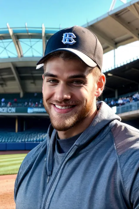 handsome guy, realistic, (natural lighting:studio lighting:0.5), sophisticated elegant mood, stained, highly detailed, found footage, masculine broad shoulders, facial hair, chill, feel good, (best quality:1.5), portrait, wear baseball jacket, face focus, <lora:mischa_janiec:1>, mischa_janiec, outdoors, blue sky, baseball stadium, hint smile, baseball_cap, (masterpiece,best quality:1.5)
