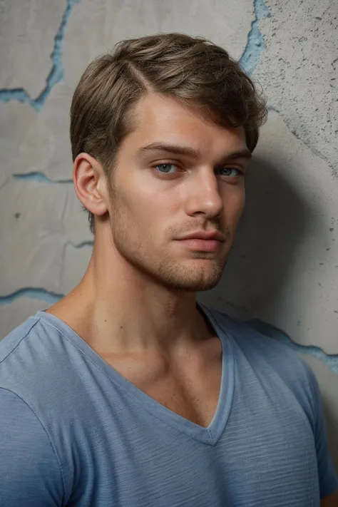 (closeup face portrait) headshot photo of mischa_janiec male focus <lora:adam_mischa_janiec-06:0.75> wearing a blue v-neck tee shirt, textured concrete wall, (natural:artifical:0.5) light, soft diffused lighting, serene confidence, looking at camera