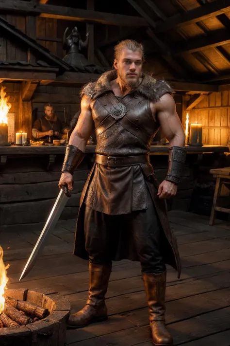 photo of mischa_janiec male focus <lora:adam_mischa_janiec-06:1> wearing a weathered Viking-inspired outfit, dark brown (shirt), dark brown leather chest plate with intricate metal detailing, black leather pants, rugged leather boots, fur-lined cloak draped over one should, metal arm cuff, posing inside an ancient Viking longhouse, wooden structures in the background, fire pits, shields, swords, axes, Viking atmosphere, Norse warrior, natural lighting, (dramatic lighting:0.5), fierce proud expression, fearless