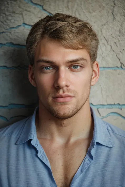 (closeup face portrait) headshot photo of mischa_janiec male focus <lora:adam_mischa_janiec-06:1> wearing an unbuttoned blue shirt, textured concrete wall, (natural:artifical:0.5) light, soft diffused lighting, serene confidence, looking at camera