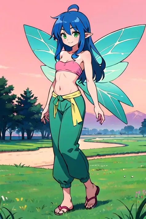 fairy,full body, blue hair, 1girl,solo,green eyes,small breasts,curly hair,pointy ears,long hair,light green strapless shirt, wings, pink sarong,light green harem pants,pink sandals,grass, tree, pink sky,closed mouth, smile,(best quality, masterpiece) <lora:fairy_v1:0> ,masterpiece, best quality, 8k, <lora:BluetheboneArtist:1>